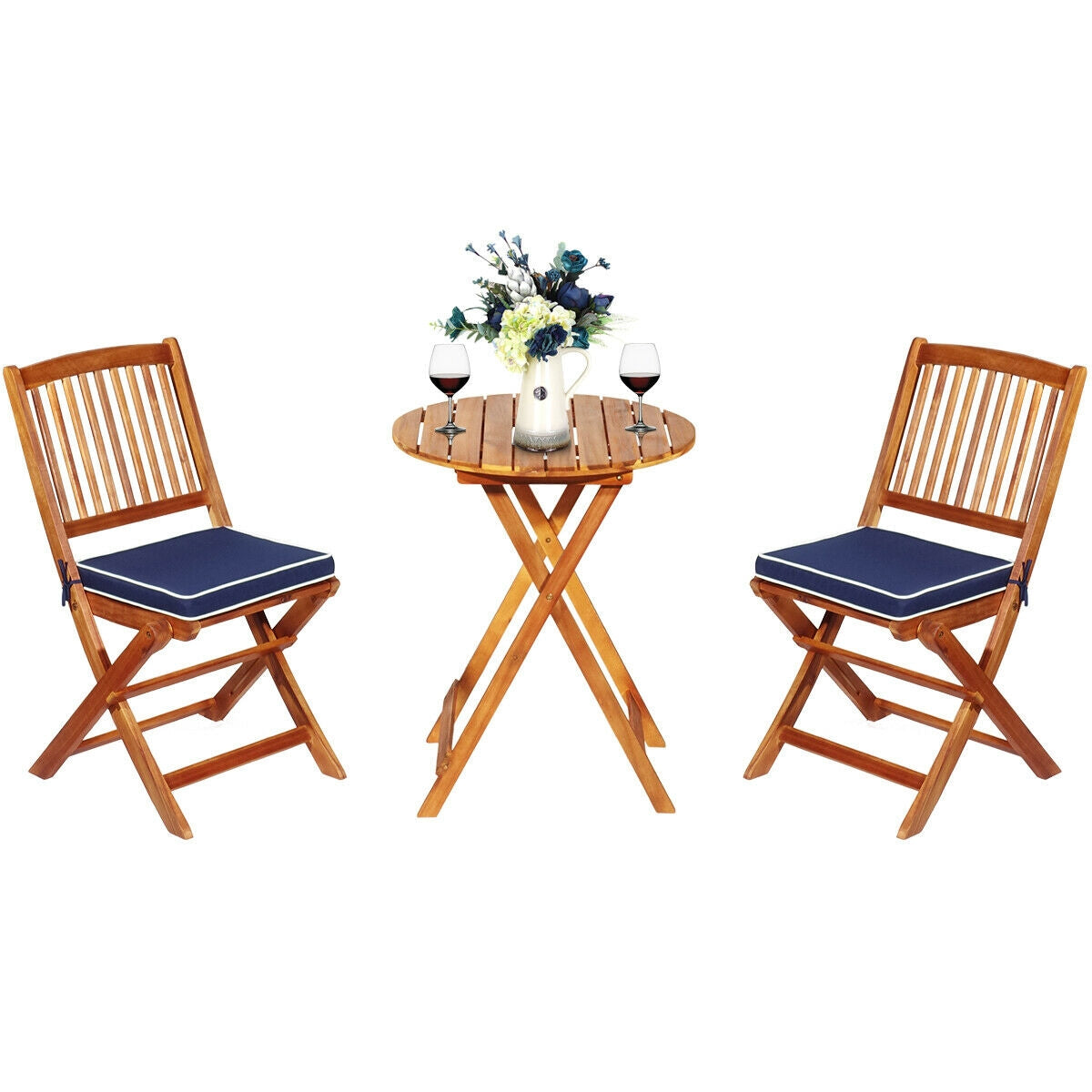 3 Pieces Patio Folding Wooden Bistro Set Cushioned Chair