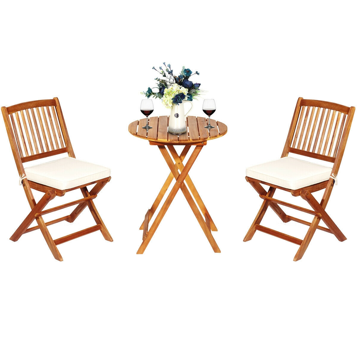 3 Pieces Patio Folding Wooden Bistro Set Cushioned Chair