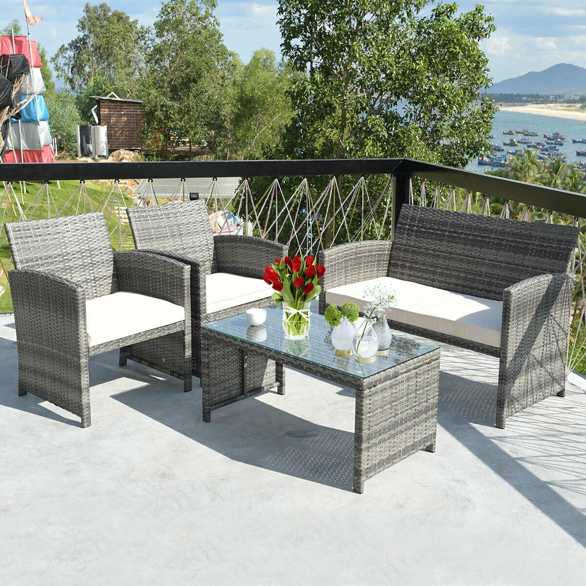 4 Pieces Patio Rattan Furniture Set with Glass Table and Loveseat