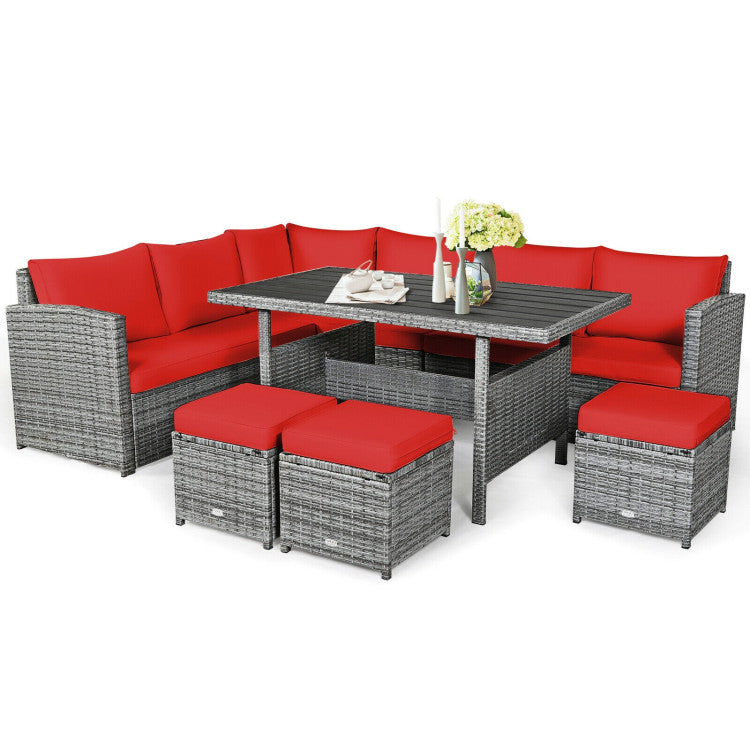 7 Pieces Outdoor Wicker Sectional Sofa Set with Dining Table and Cushion