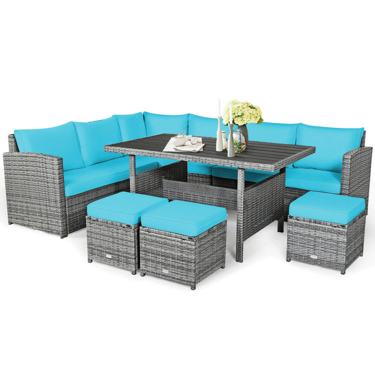 7 Pieces Outdoor Wicker Sectional Sofa Set with Dining Table and Cushion