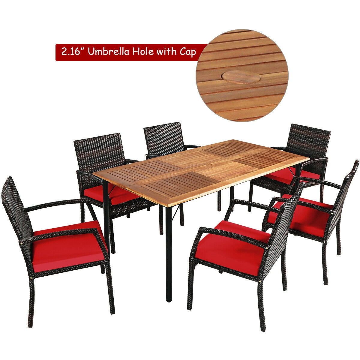 7 Pieces Patio Rattan Cushioned Dining Set with Umbrella Hole