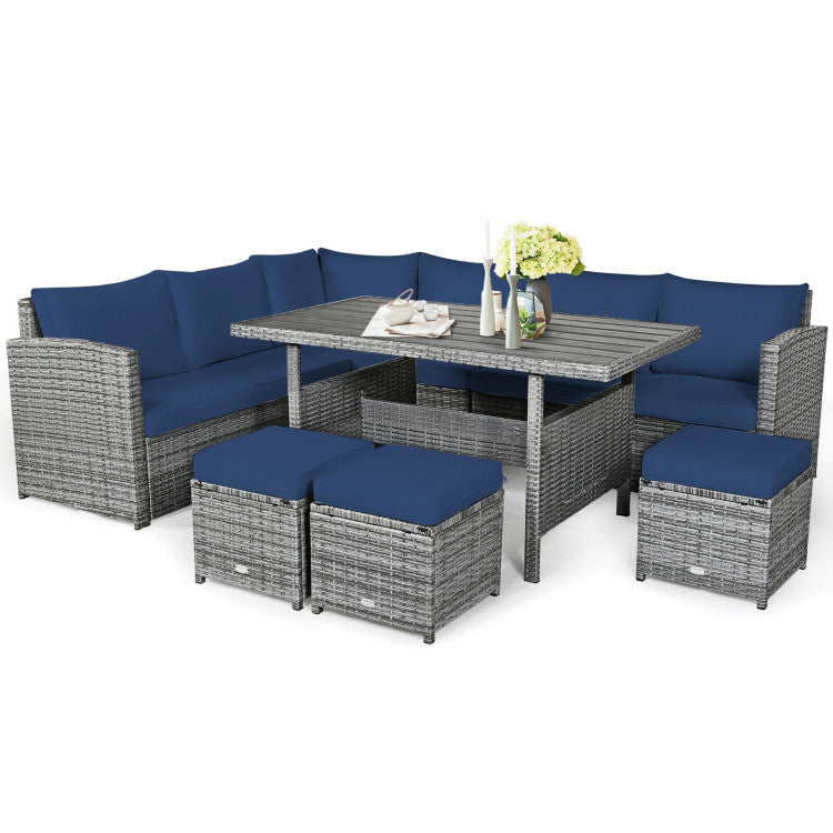 7 Pieces Outdoor Wicker Sectional Sofa Set with Dining Table and Cushion