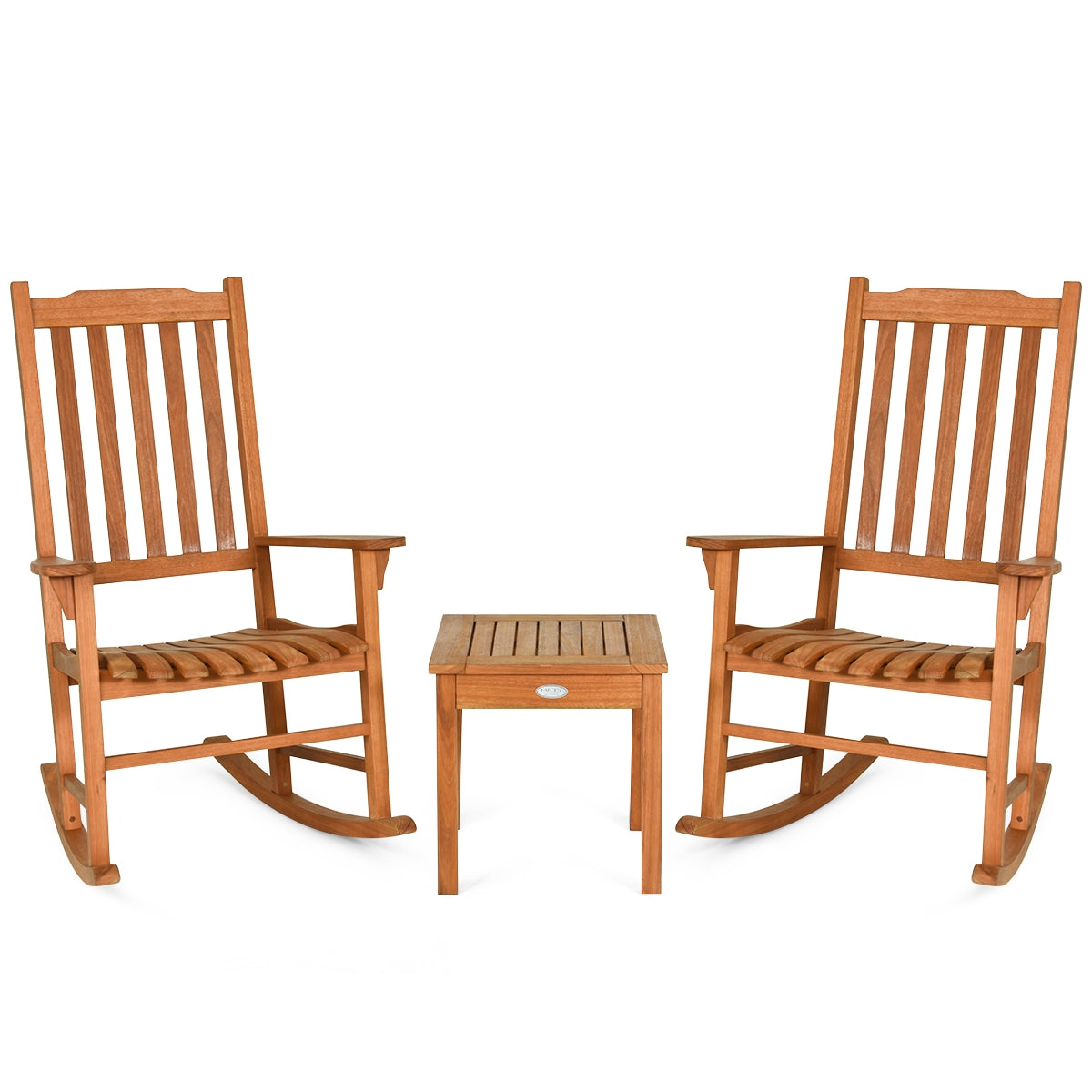 3 Pieces Eucalyptus Rocking Chair Set with Coffee Table for Outdoor Patio and Garden