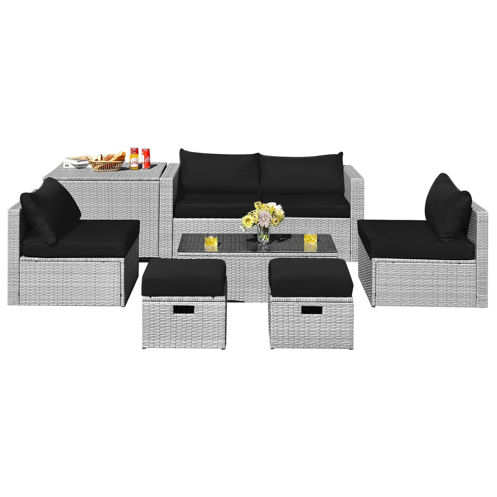 8 Pieces Patio Rattan Furniture Set with Storage Waterproof Cushion