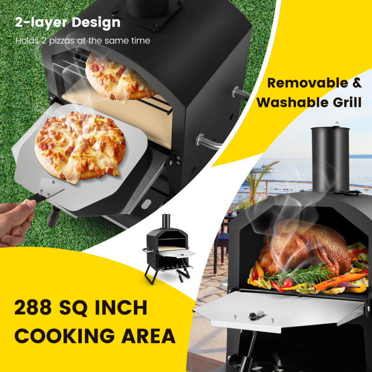 2-Layer Folding Pizza Oven with Removable Cooking Rack for Outdoor Picnics & Camping