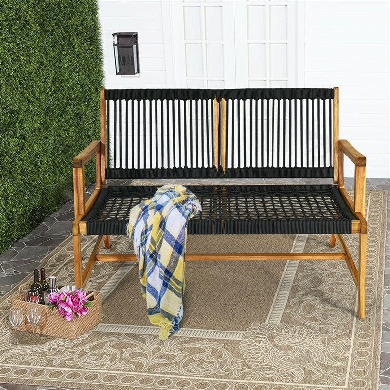 2-Person Patio Acacia Wood Bench Outdoor Loveseat Chair Garden Rope Bench for Balcony Porch