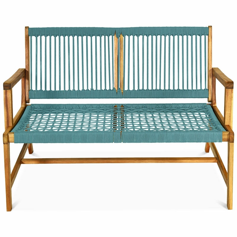 2-Person Patio Acacia Wood Bench Outdoor Loveseat Chair Garden Rope Bench for Balcony Porch