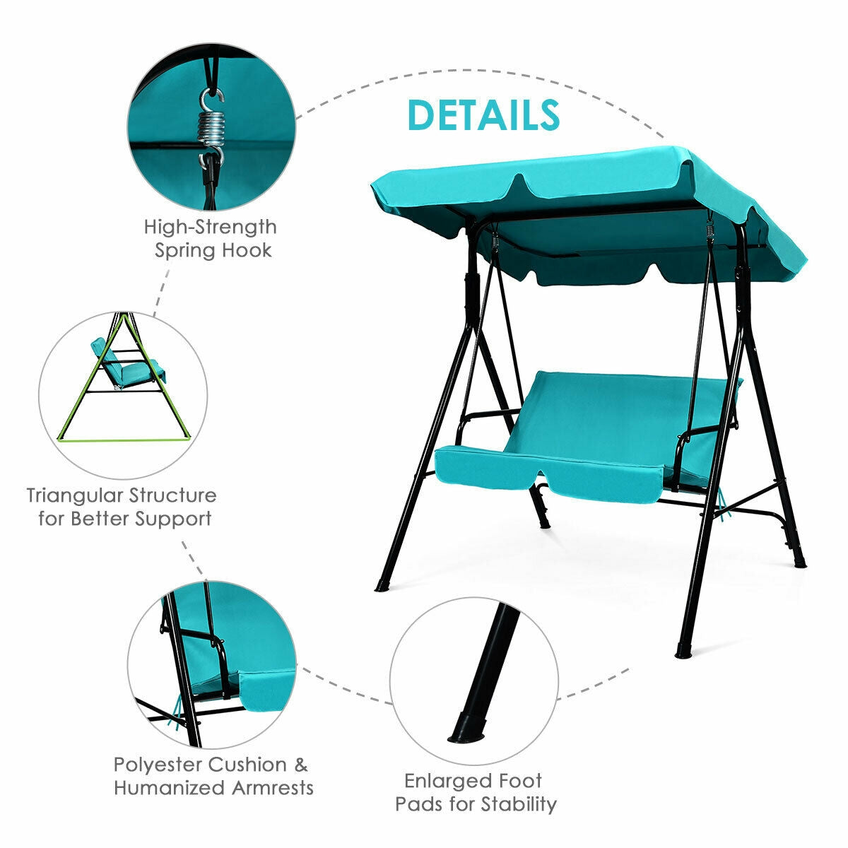 2-Person Weather Resistant Canopy Swing for Porch Garden Backyard Lawn
