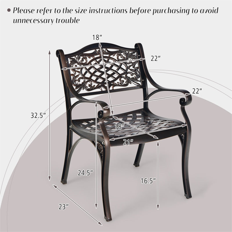 2-Piece Cast Aluminum Patio Bistro Chairs All-Weather Outdoor Dining Chairs with Curved Seats & Armrests