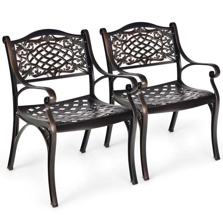 2-Piece Outdoor Patio Cast Aluminum Chairs with Armrests and Curved Seats