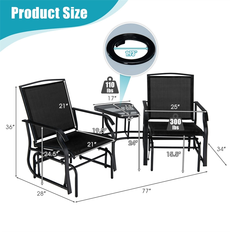 Double Glider Chair 2-Seat Steel Patio Rocking Chair with Glass Table & Umbrella Hole