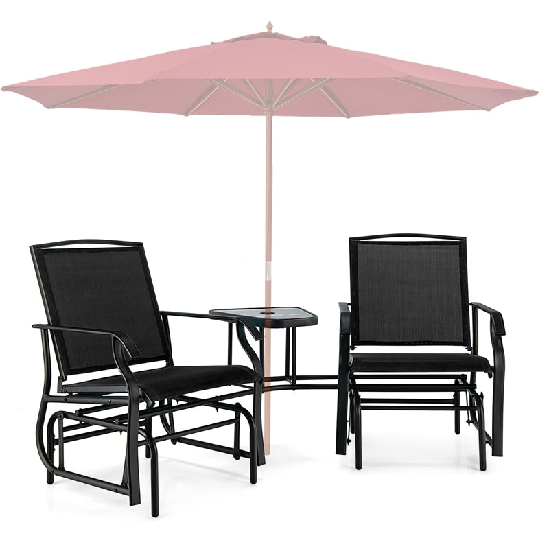 Double Glider Chair 2-Seat Steel Patio Rocking Chair with Glass Table & Umbrella Hole