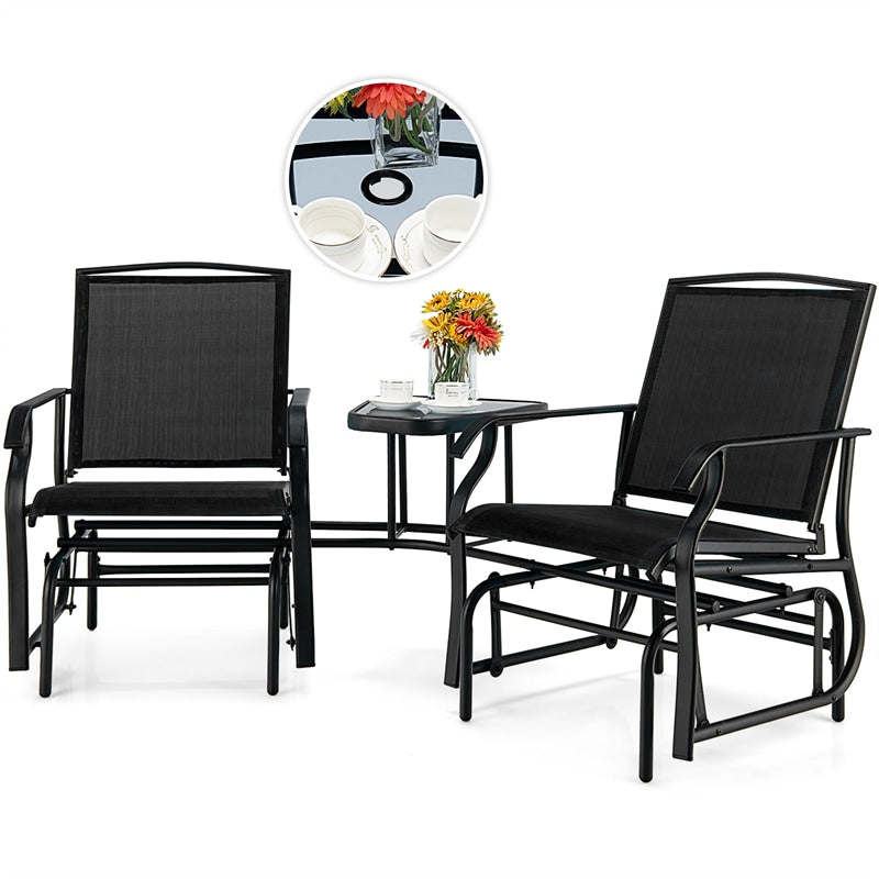 Double Glider Chair 2-Seat Steel Patio Rocking Chair with Glass Table & Umbrella Hole