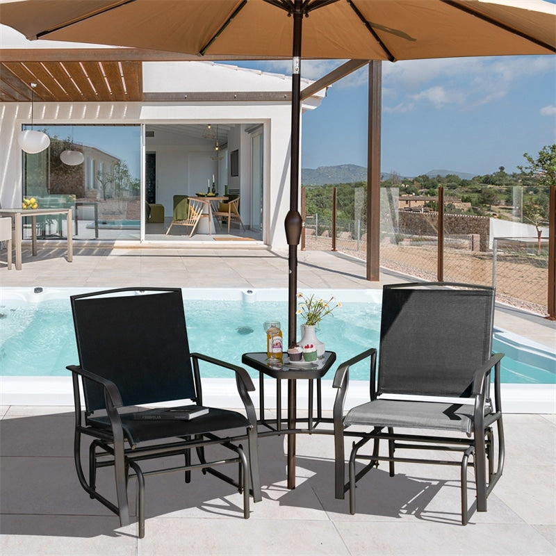 Double Glider Chair 2-Seat Steel Patio Rocking Chair with Glass Table & Umbrella Hole