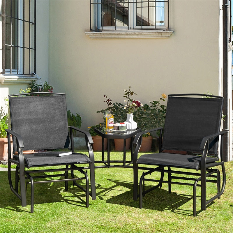 Double Glider Chair 2-Seat Steel Patio Rocking Chair with Glass Table & Umbrella Hole