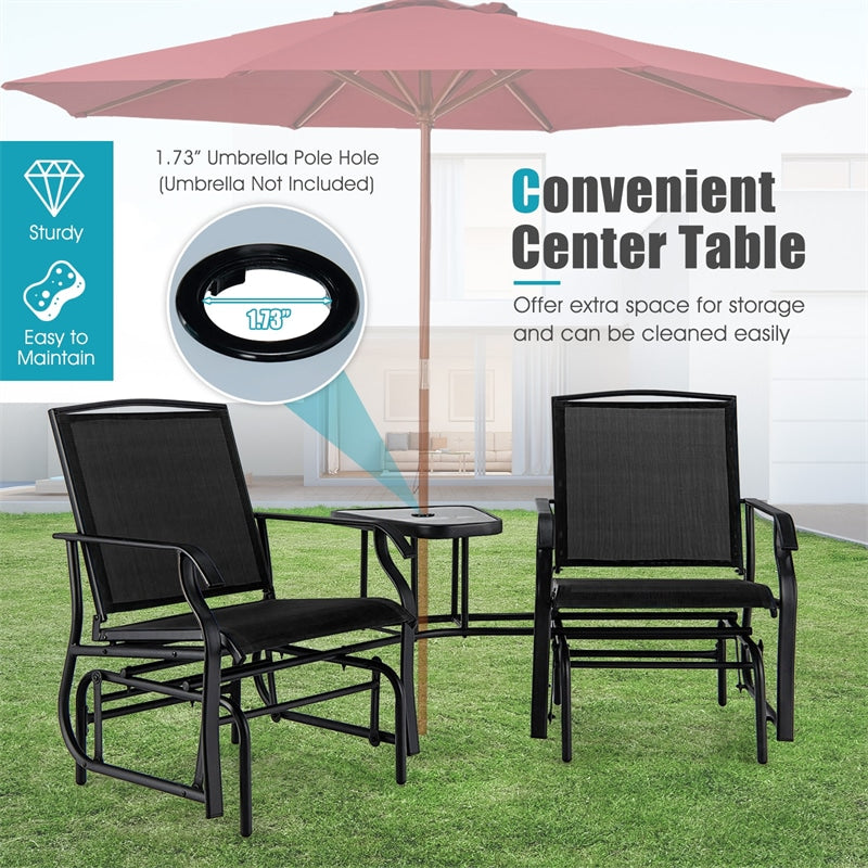 Double Glider Chair 2-Seat Steel Patio Rocking Chair with Glass Table & Umbrella Hole