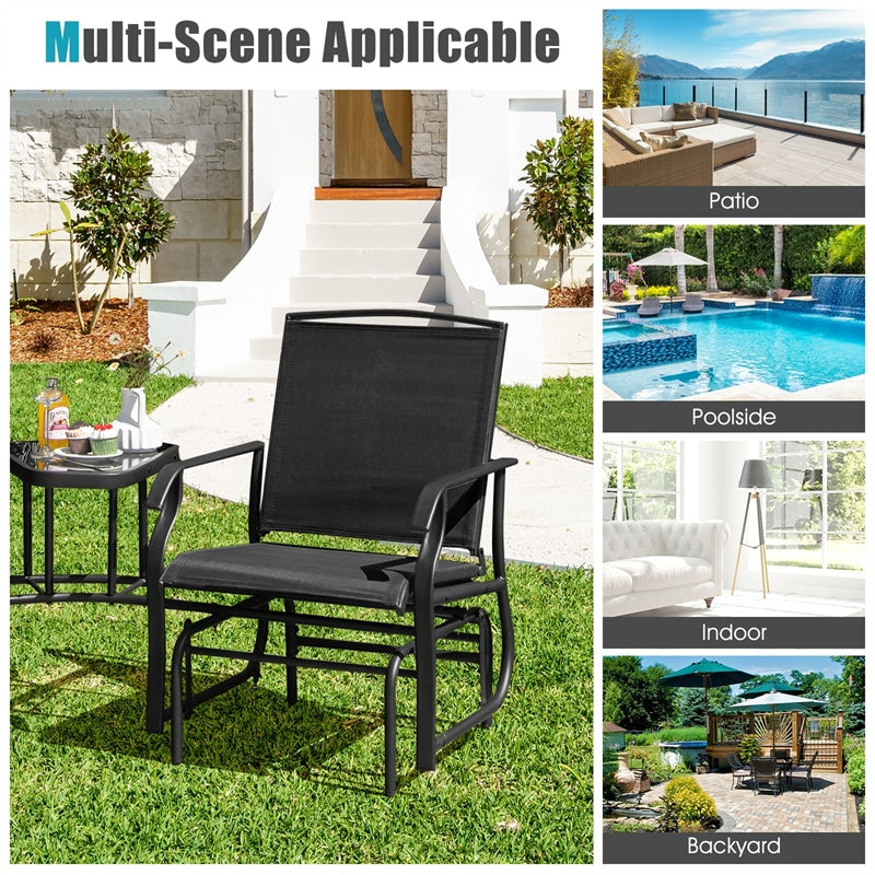 Double Glider Chair 2-Seat Steel Patio Rocking Chair with Glass Table & Umbrella Hole