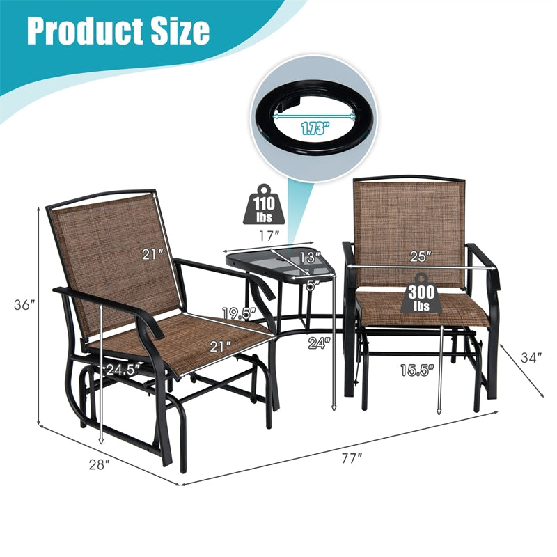 Double Glider Chair 2-Seat Steel Patio Rocking Chair with Glass Table & Umbrella Hole