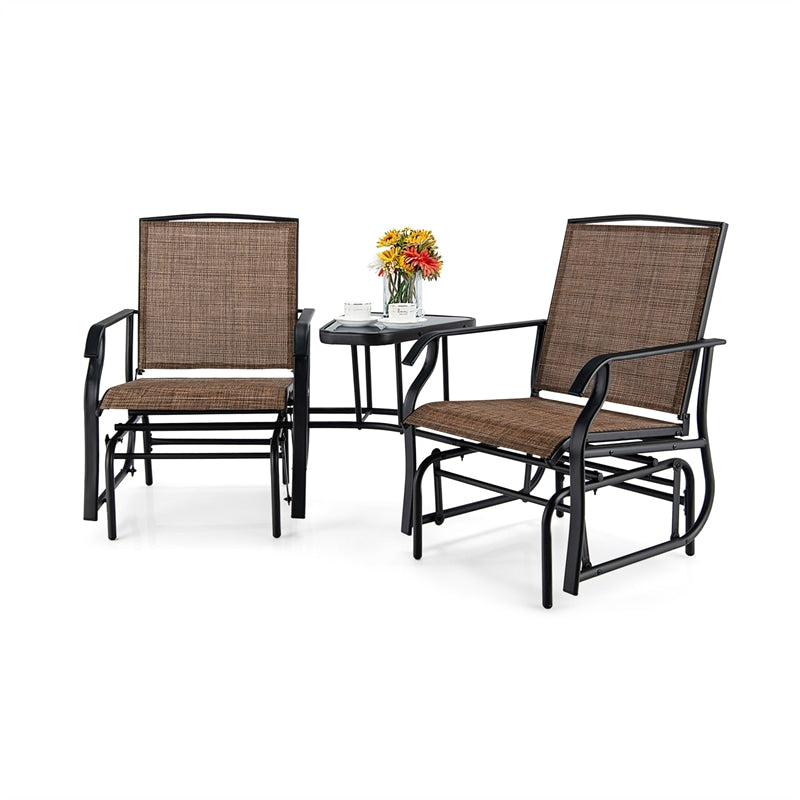 Double Glider Chair 2-Seat Steel Patio Rocking Chair with Glass Table & Umbrella Hole