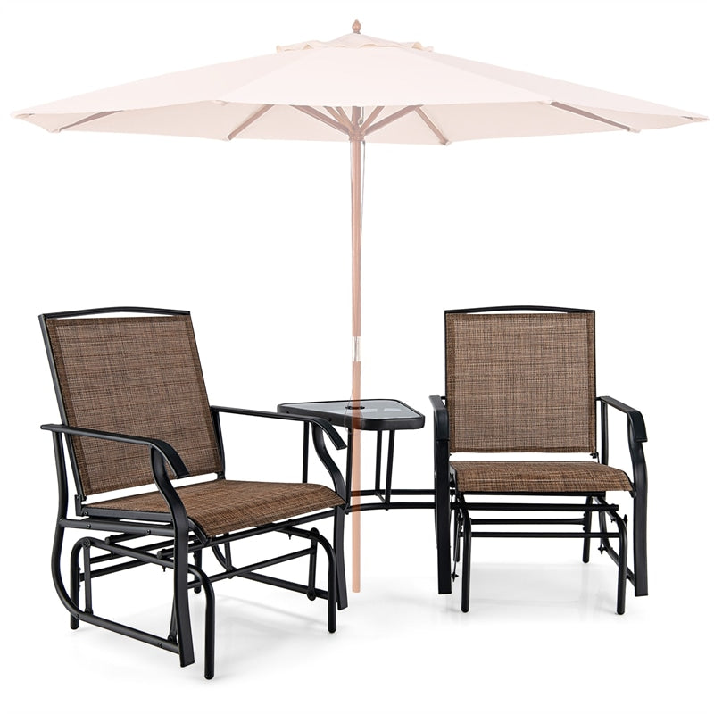 Double Glider Chair 2-Seat Steel Patio Rocking Chair with Glass Table & Umbrella Hole