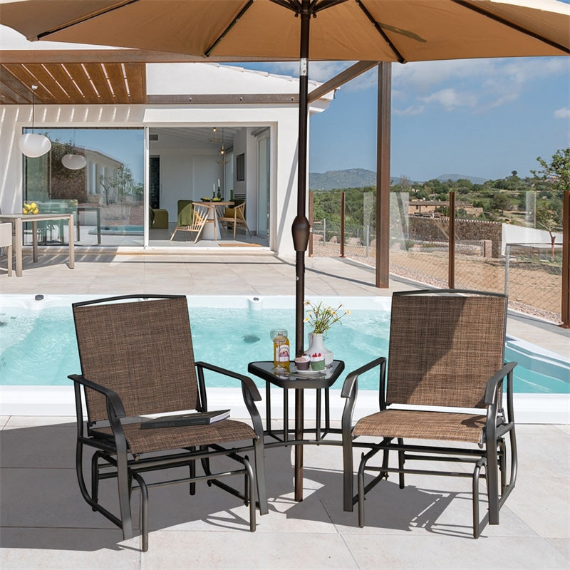 Double Glider Chair 2-Seat Steel Patio Rocking Chair with Glass Table & Umbrella Hole