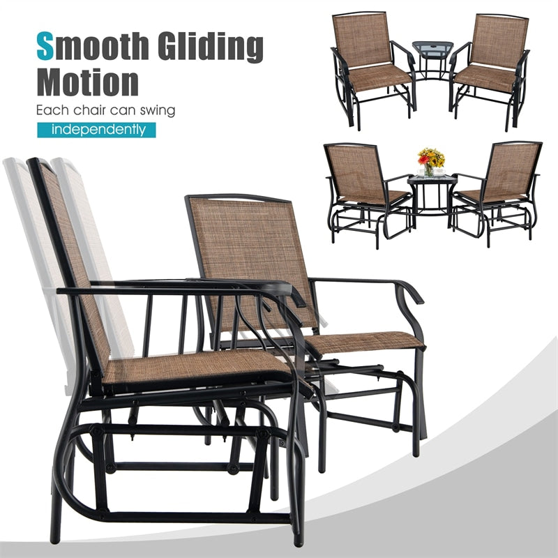 Double Glider Chair 2-Seat Steel Patio Rocking Chair with Glass Table & Umbrella Hole