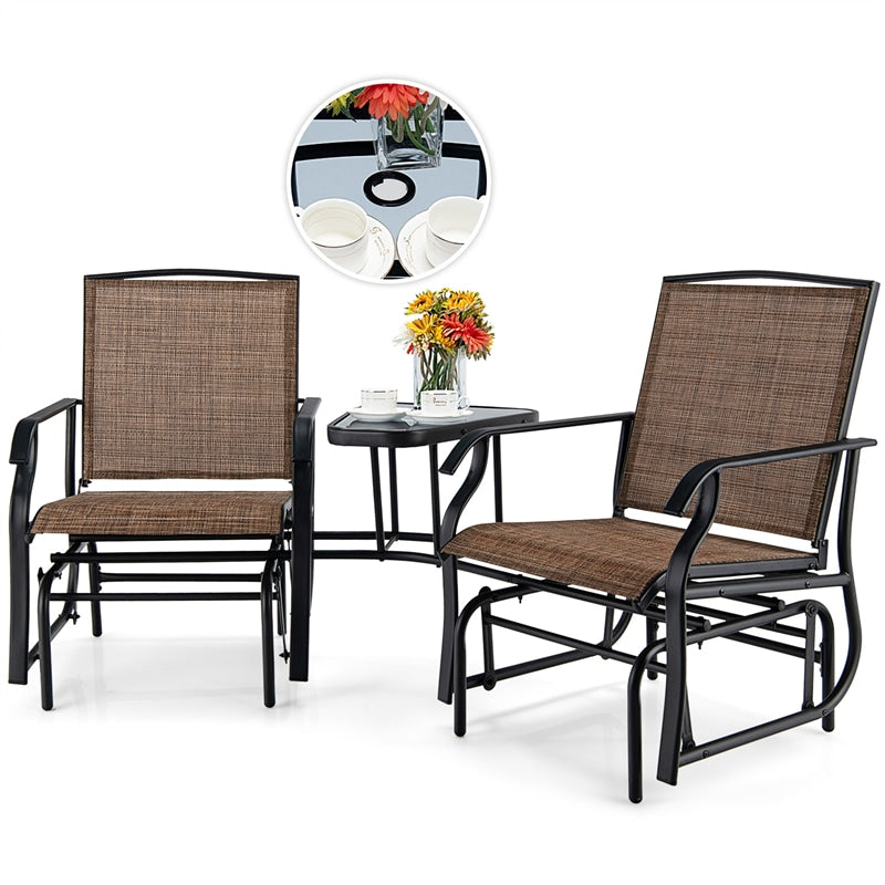 Double Glider Chair 2-Seat Steel Patio Rocking Chair with Glass Table & Umbrella Hole