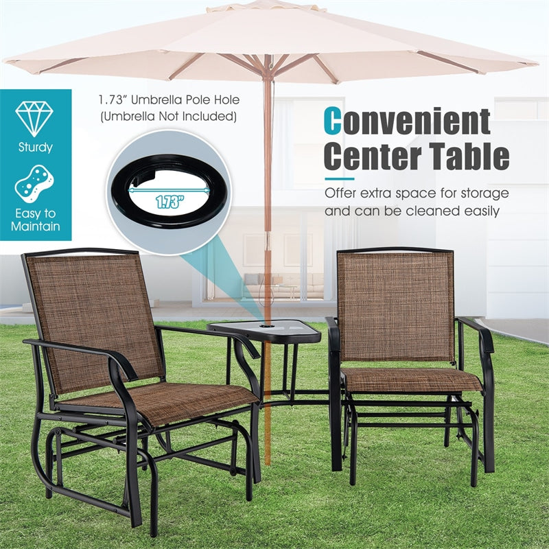 Double Glider Chair 2-Seat Steel Patio Rocking Chair with Glass Table & Umbrella Hole