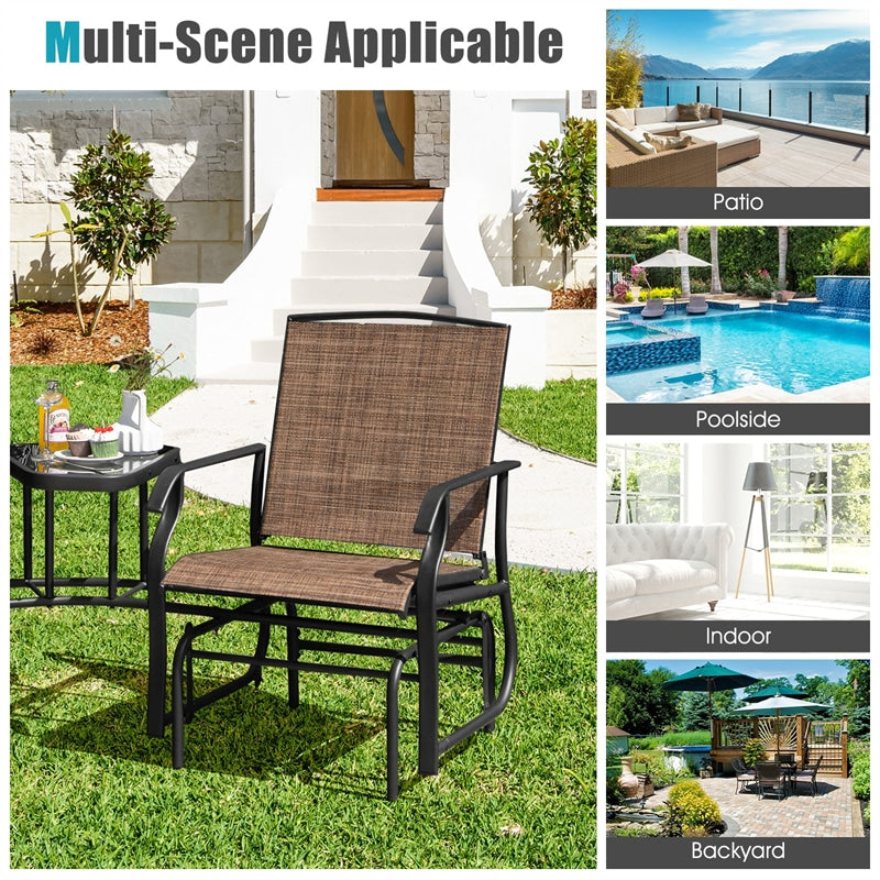 Double Glider Chair 2-Seat Steel Patio Rocking Chair with Glass Table & Umbrella Hole