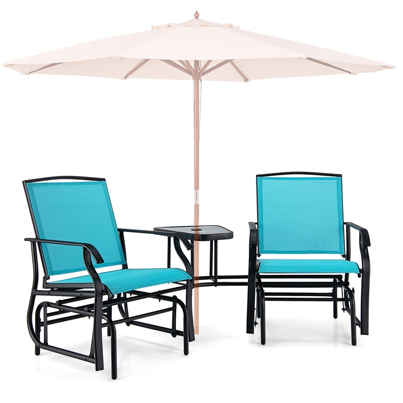 Double Glider Chair 2-Seat Steel Patio Rocking Chair with Glass Table & Umbrella Hole