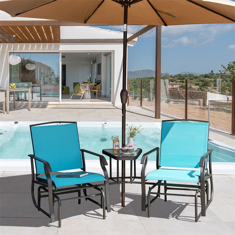 Double Glider Chair 2-Seat Steel Patio Rocking Chair with Glass Table & Umbrella Hole