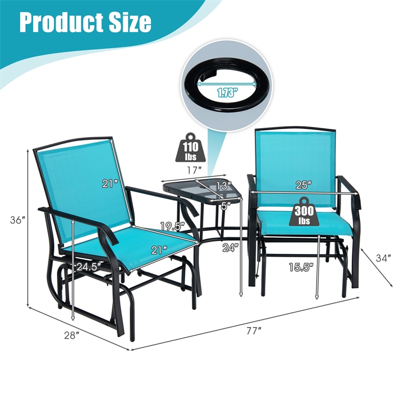 Double Glider Chair 2-Seat Steel Patio Rocking Chair with Glass Table & Umbrella Hole