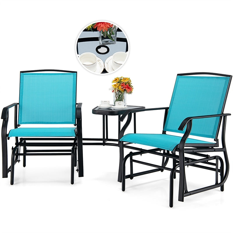 Double Glider Chair 2-Seat Steel Patio Rocking Chair with Glass Table & Umbrella Hole