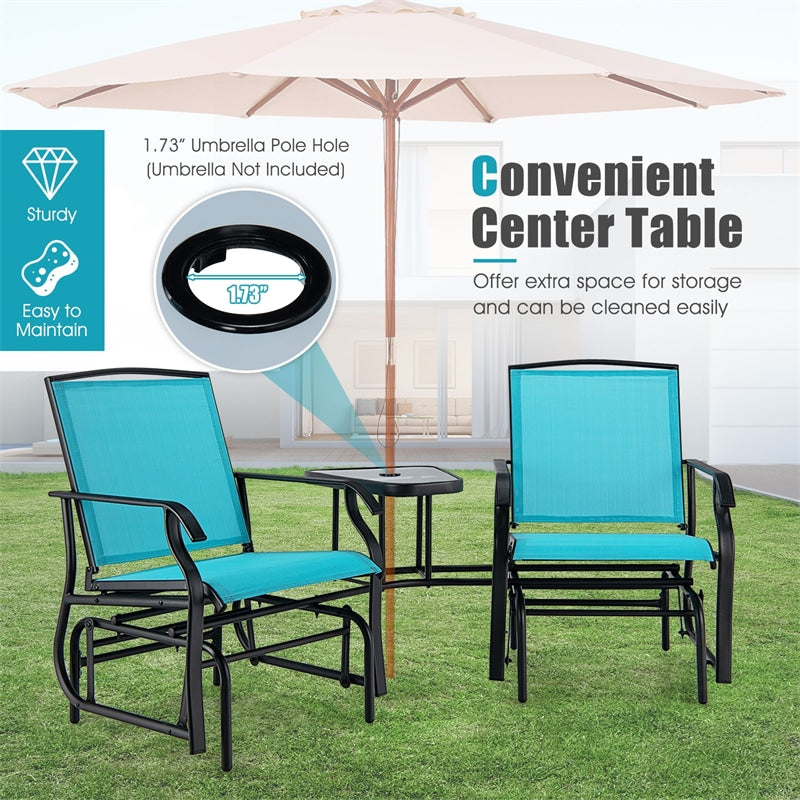 Double Glider Chair 2-Seat Steel Patio Rocking Chair with Glass Table & Umbrella Hole