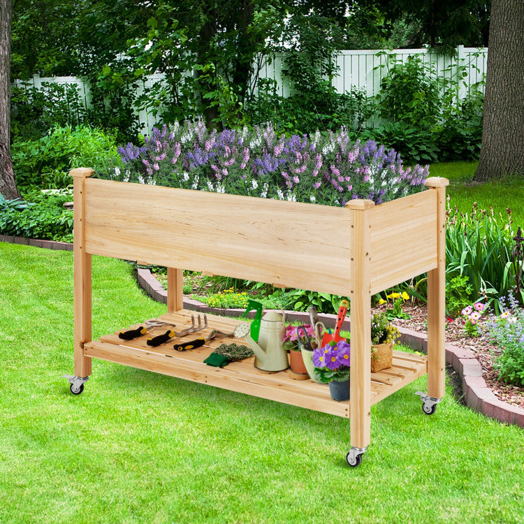 2-Tier Wooden Elevated Planter Bed with Lockable Wheels