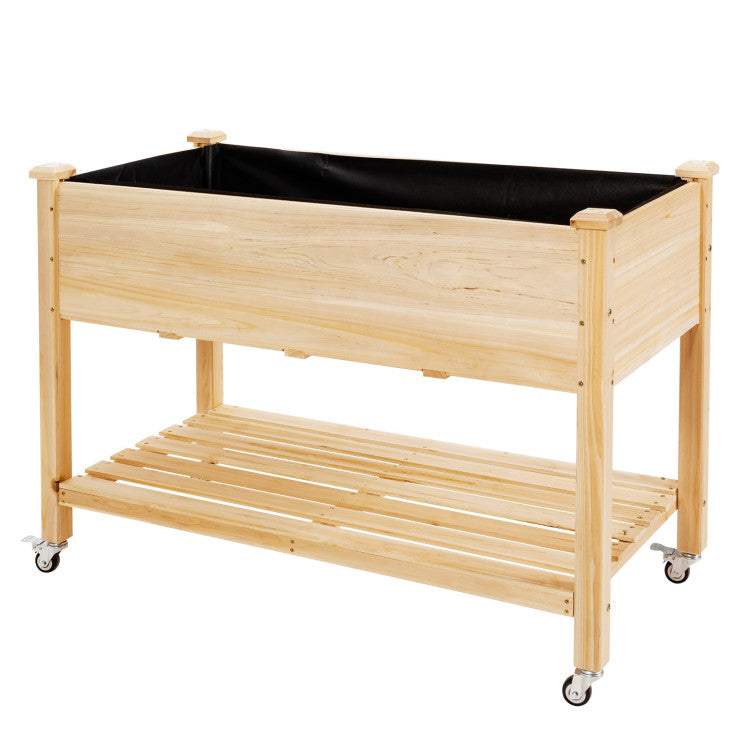 2-Tier Wooden Elevated Planter Bed with Lockable Wheels
