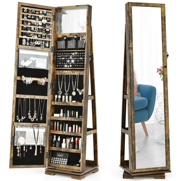 2-in-1 360° Rotatable Lockable Jewelry Cabinet with Full-Length Mirror