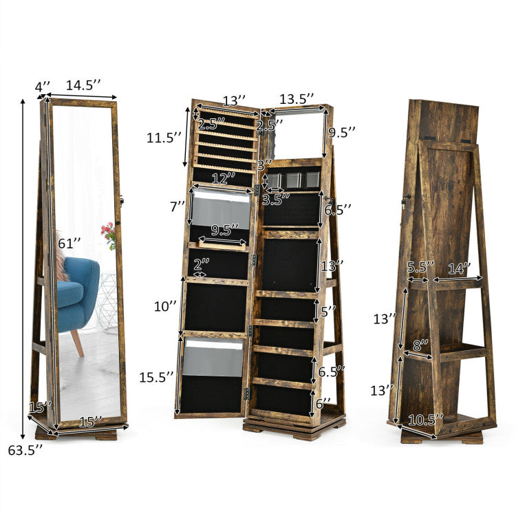 2-in-1 360° Rotatable Lockable Jewelry Cabinet with Full-Length Mirror
