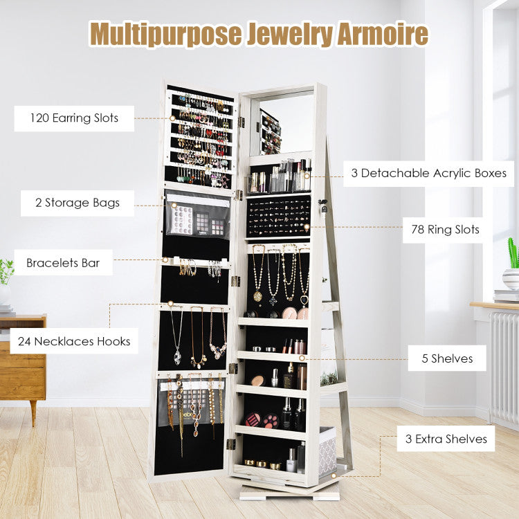 2-in-1 360° Rotatable Lockable Jewelry Cabinet with Full-Length Mirror