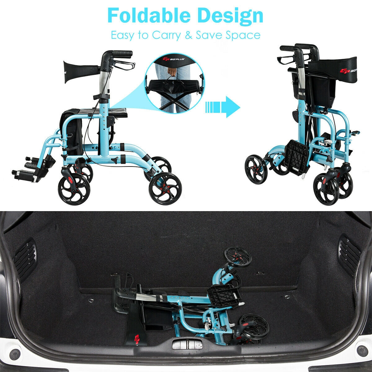 2-in-1 Adjustable Folding Handle  Mobility Rollator Walker with Storage Space