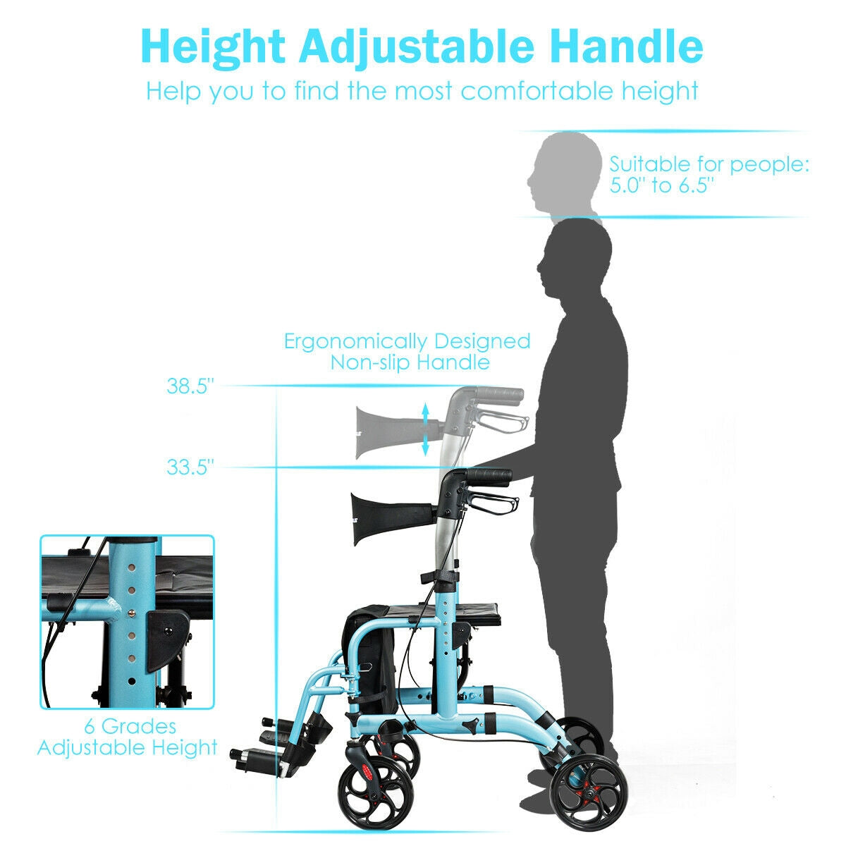 2-in-1 Adjustable Folding Handle  Mobility Rollator Walker with Storage Space