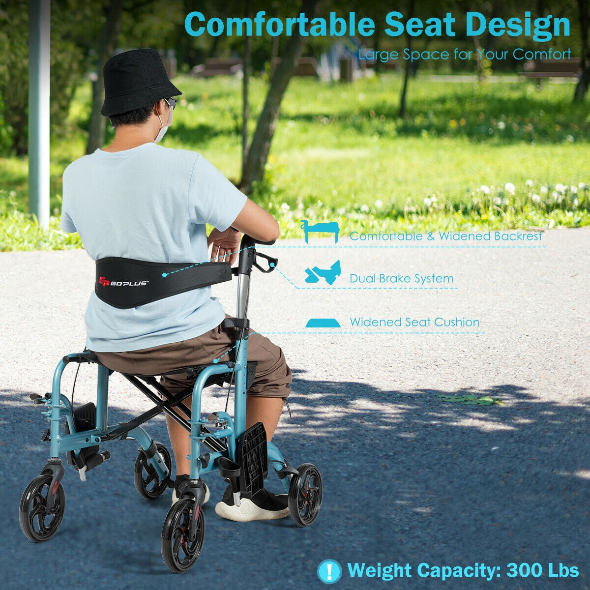 2-in-1 Adjustable Folding Handle  Mobility Rollator Walker with Storage Space