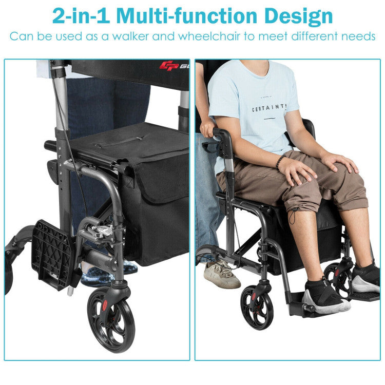 2-in-1 Adjustable Folding Handle  Mobility Rollator Walker with Storage Space