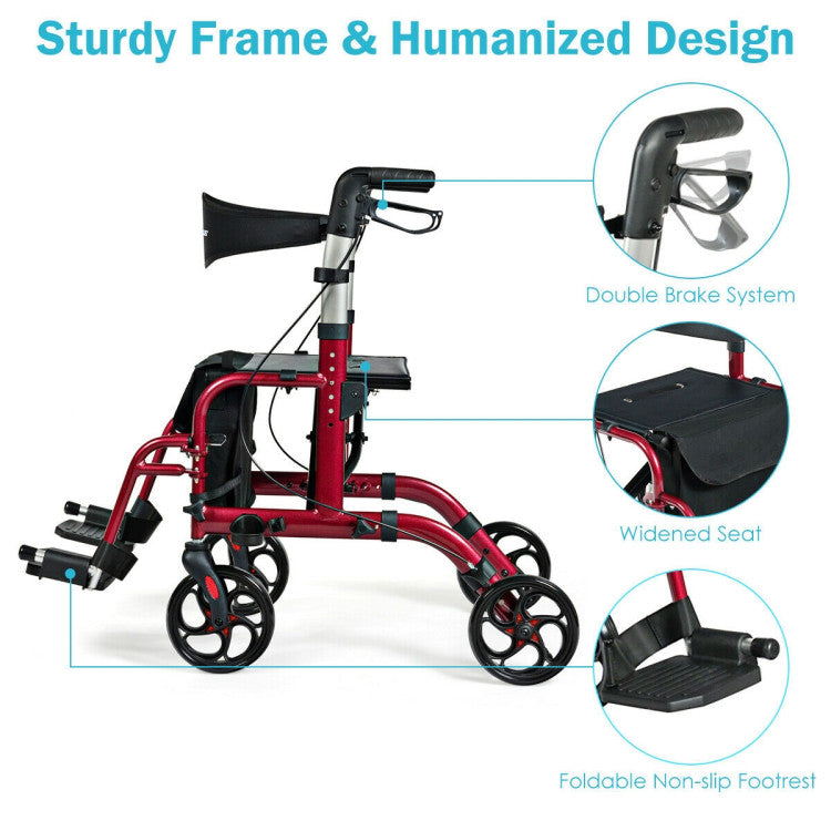 2-in-1 Adjustable Folding Handle  Mobility Rollator Walker with Storage Space