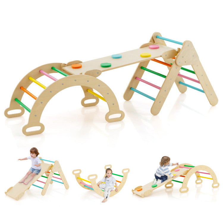 2-in-1 Adjustable Height Wooden Kids Climber Toys with Triangle Arch Ramp