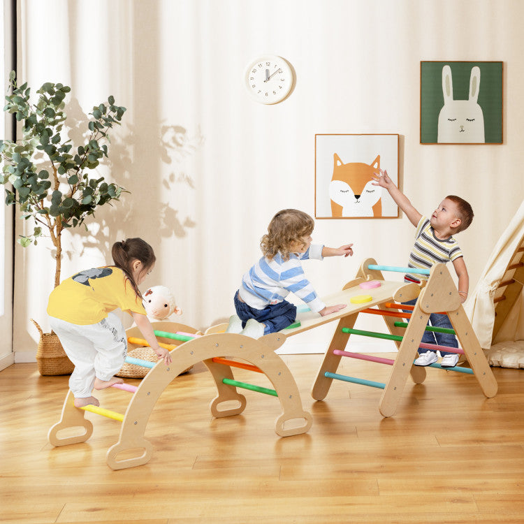 2-in-1 Adjustable Height Wooden Kids Climber Toys with Triangle Arch Ramp