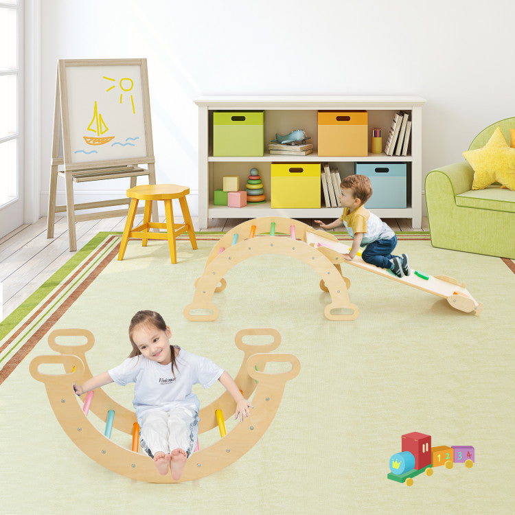 2-in-1 Adjustable Height Wooden Kids Climber Toys with Triangle Arch Ramp