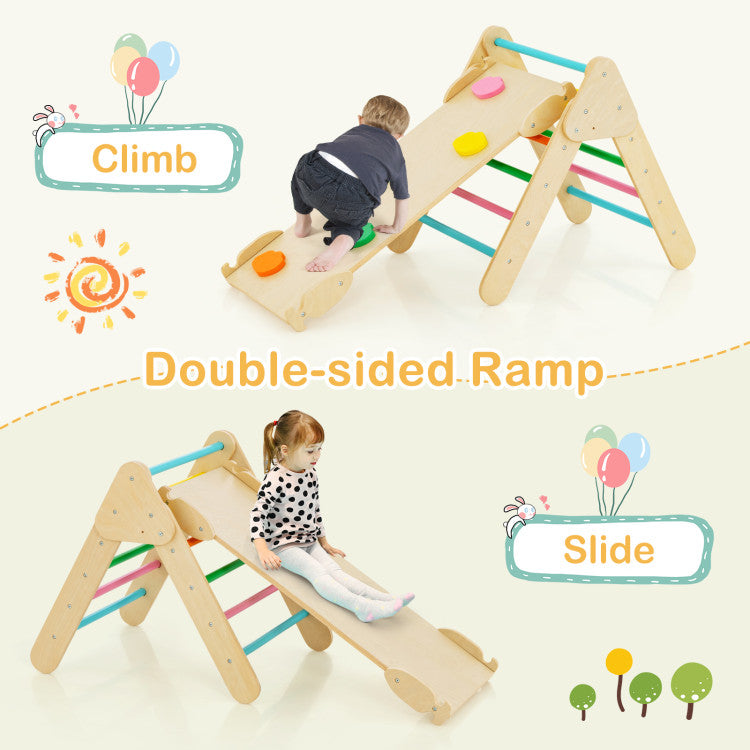 2-in-1 Adjustable Height Wooden Kids Climber Toys with Triangle Arch Ramp