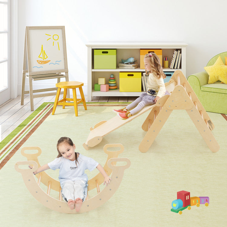 2-in-1 Adjustable Height Wooden Kids Climber Toys with Triangle Arch Ramp